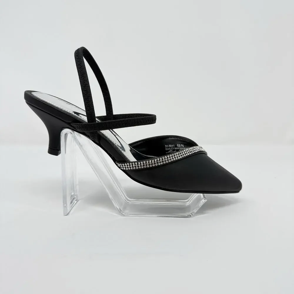 Easy Street Unna Slingback Pumps Black Satin Rhinestone Kitten Heel Women’s 6.5N